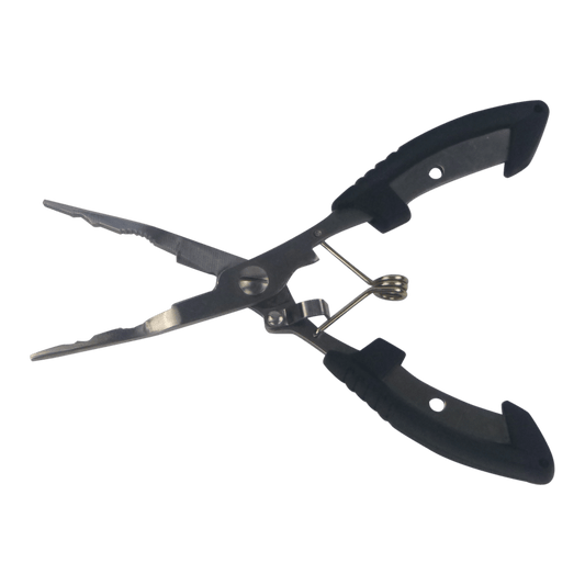 Straight fishing pliers with black non-slip handles, stainless steel jaws and cutters