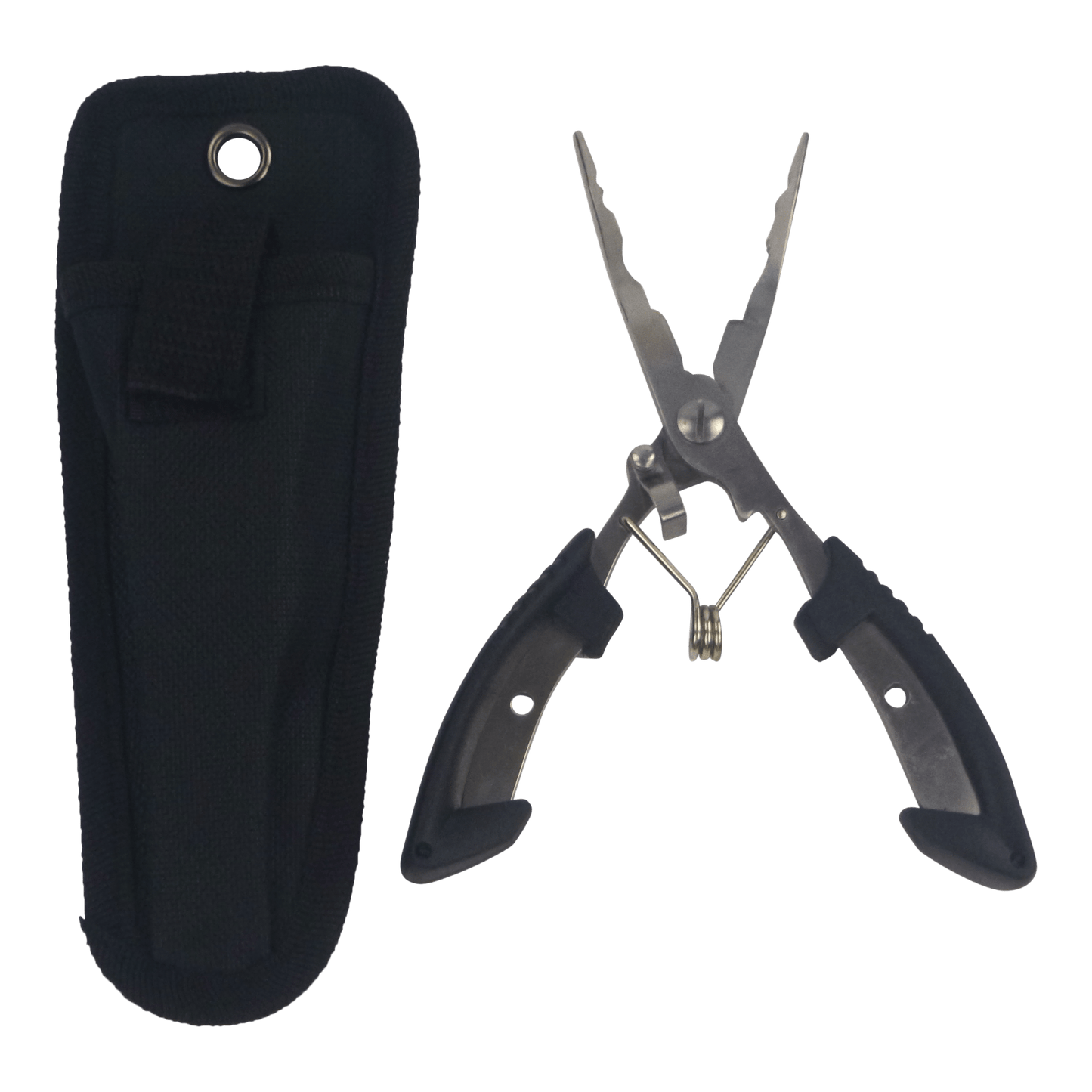 Fishing pliers with black handles and stainless jaws in a fabric belt sheath