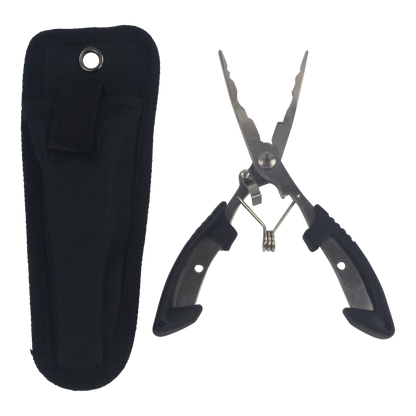 Fishing pliers with black handles and stainless jaws in a fabric belt sheath