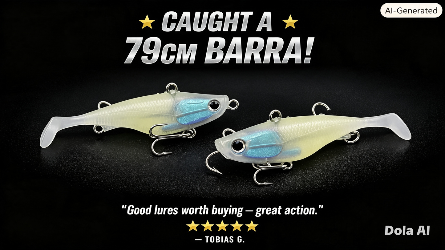 White soft plastic fishing lure, blue eye head, split fork tail; two-pack