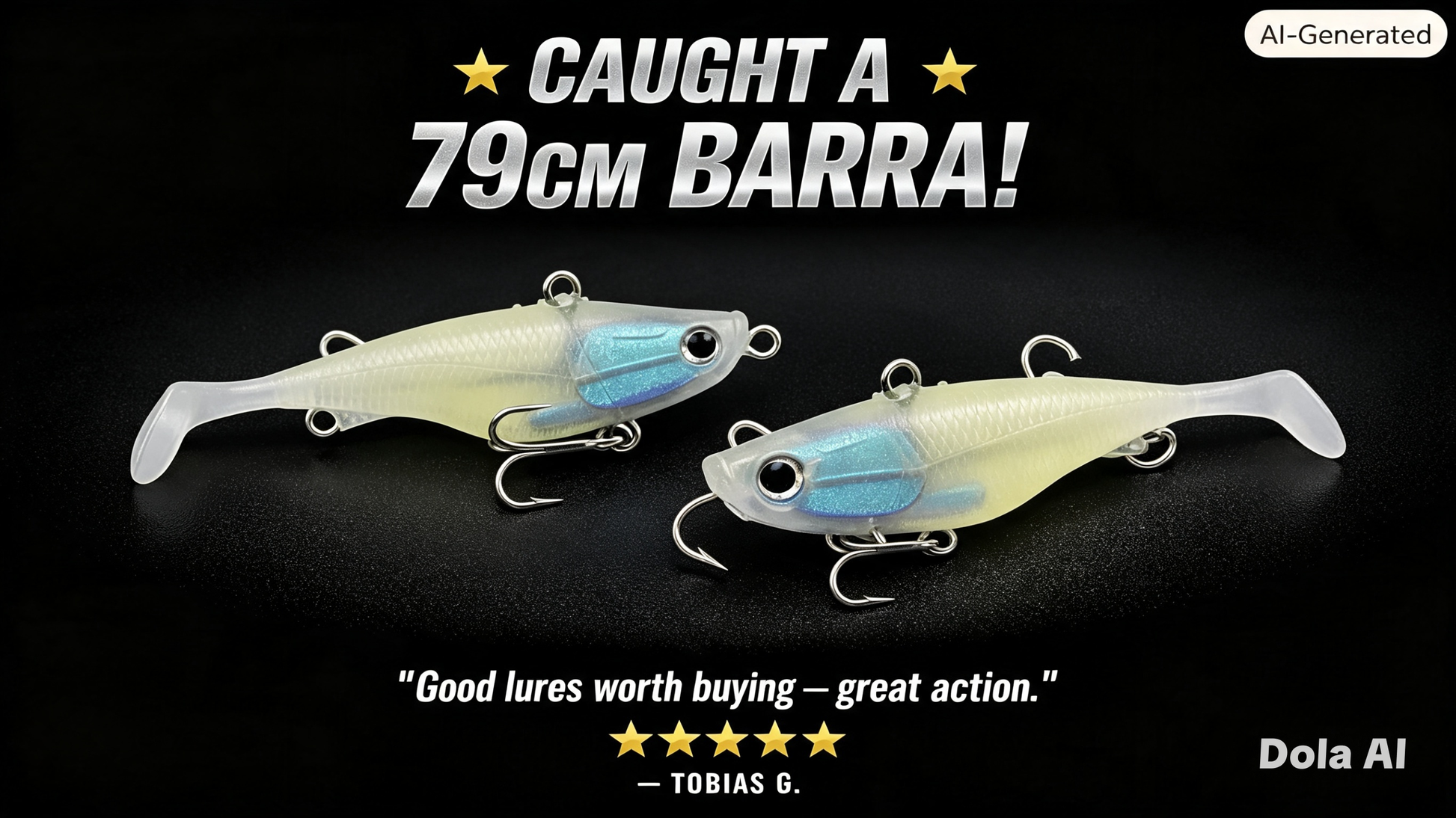 White soft plastic fishing lure, blue eye head, split fork tail; two-pack