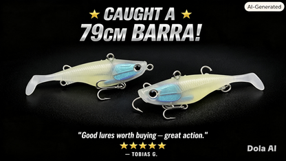 White soft plastic fishing lure, blue eye head, split fork tail; two-pack