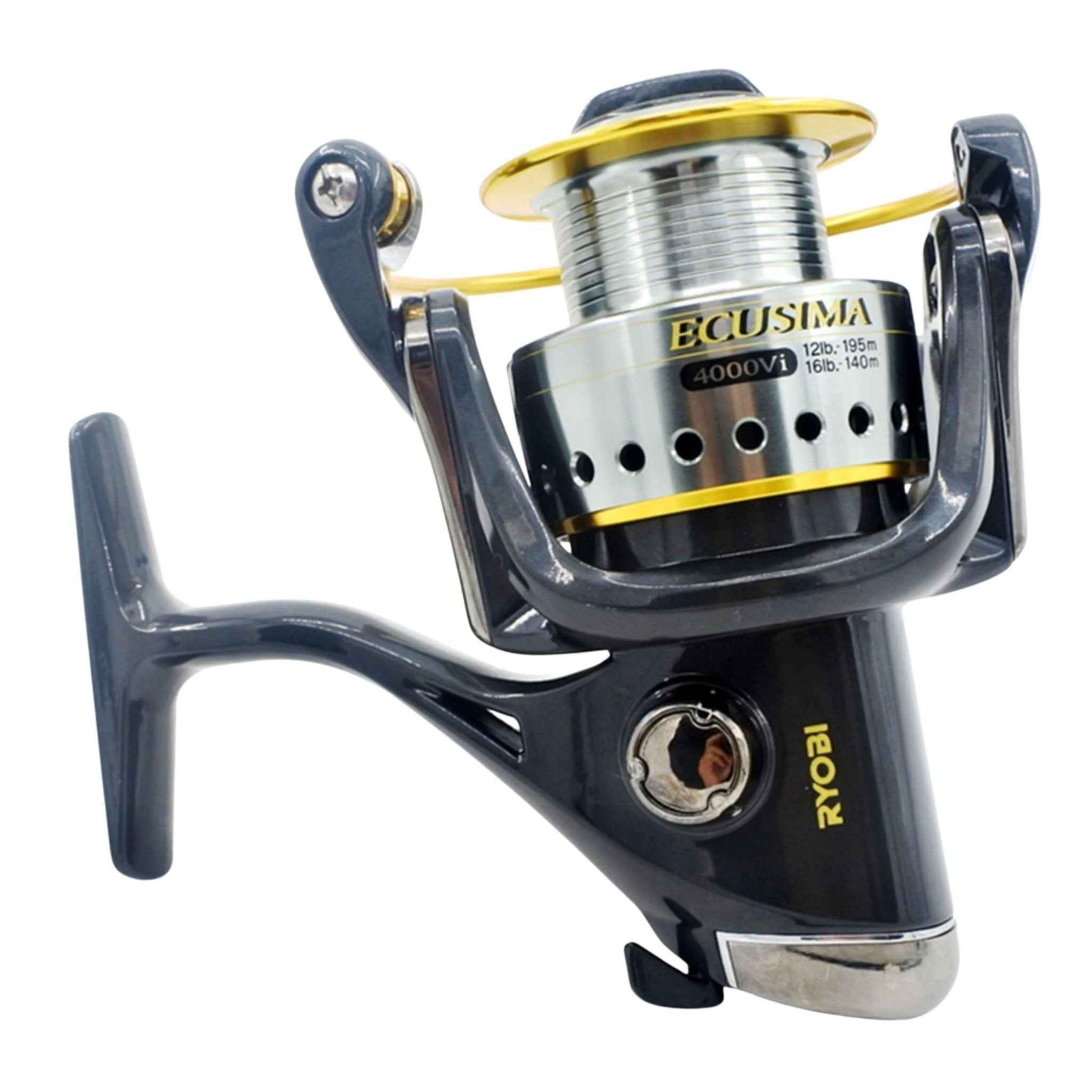 Ryobi Ecusima spinning reel with gold spool rim and line-roller, angled view