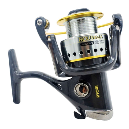 Ryobi Ecusima spinning reel with gold spool rim and line-roller, angled view