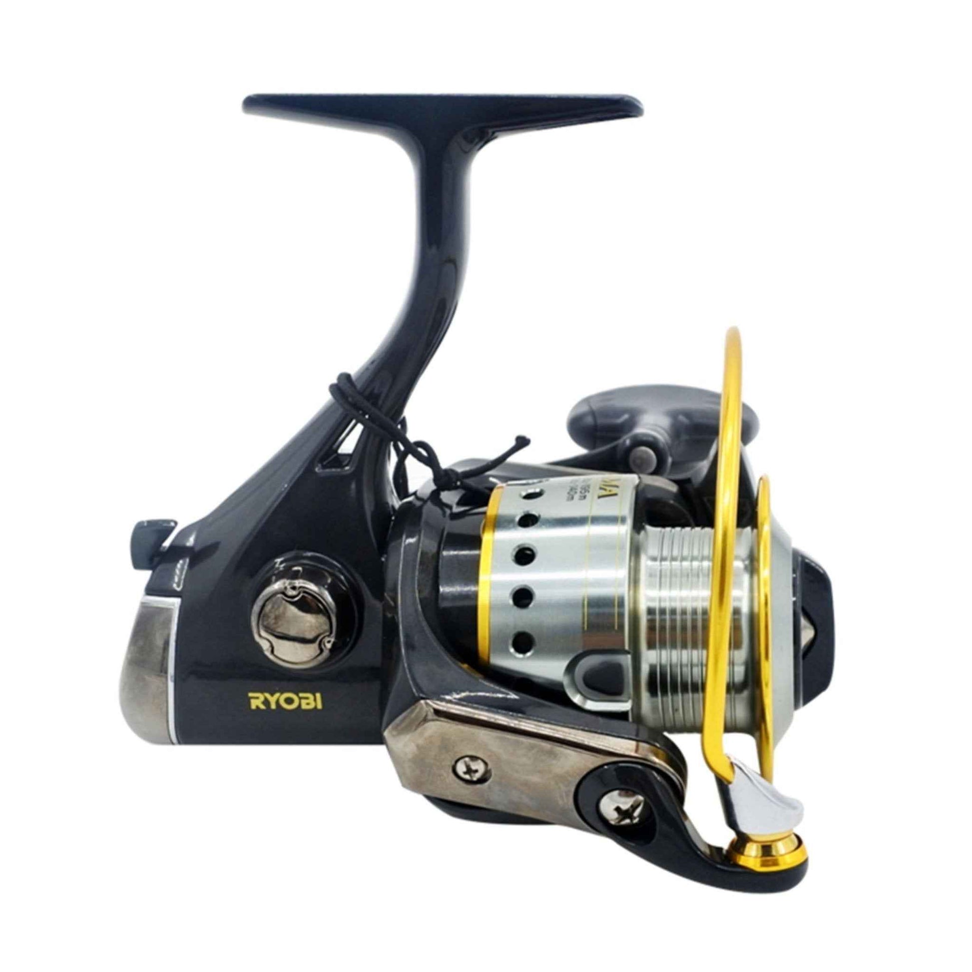 Ryobi Ecusima spinning reel with gold spool and black body, right-side view