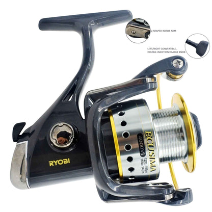Ryobi Ecusima spinning reel with gold-accent spool and adjustable handle arm