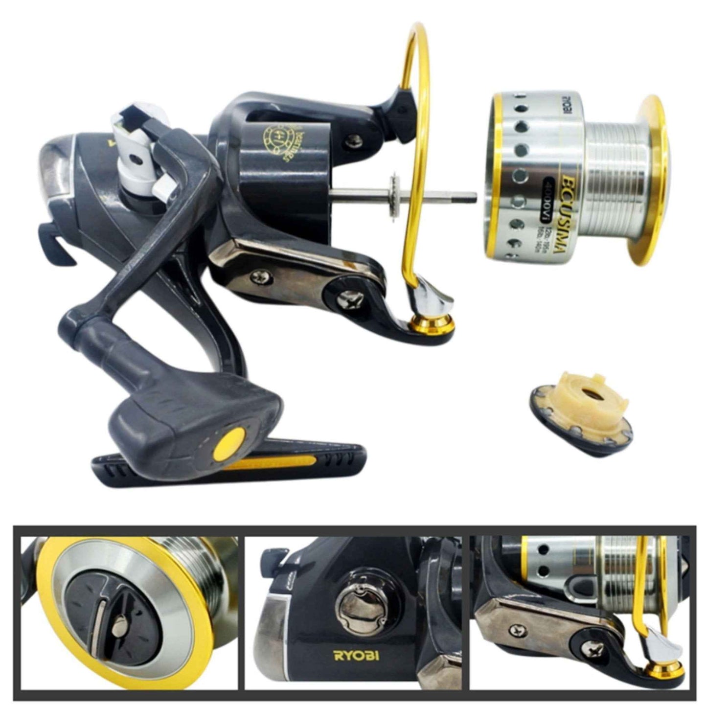 Spinning reel with silver spool and gold rotor, plus loose spare spool parts