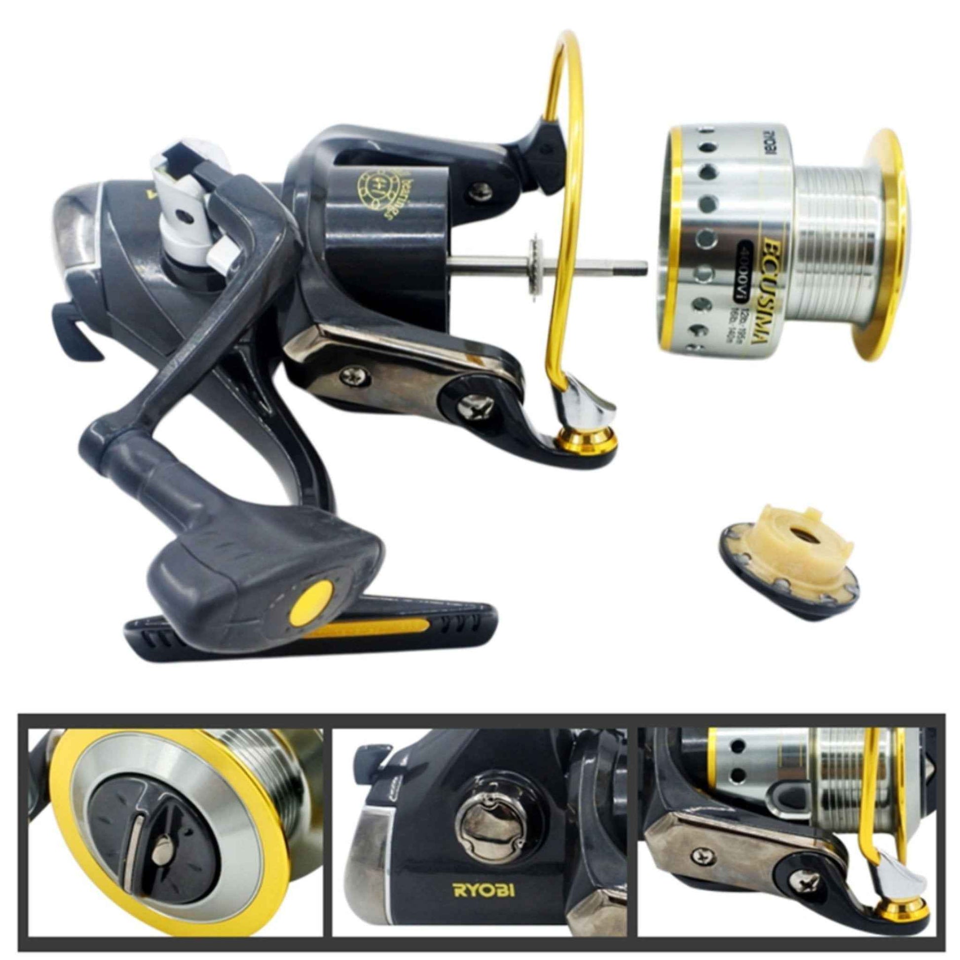 Spinning reel with silver spool and gold rotor, plus loose spare spool parts