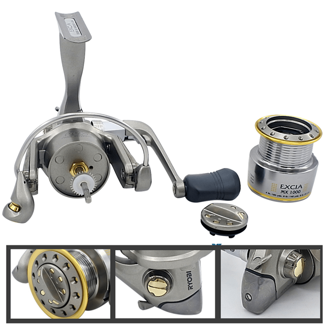 Spinning reel with spare spool and close-up views of spool and handle mechanism