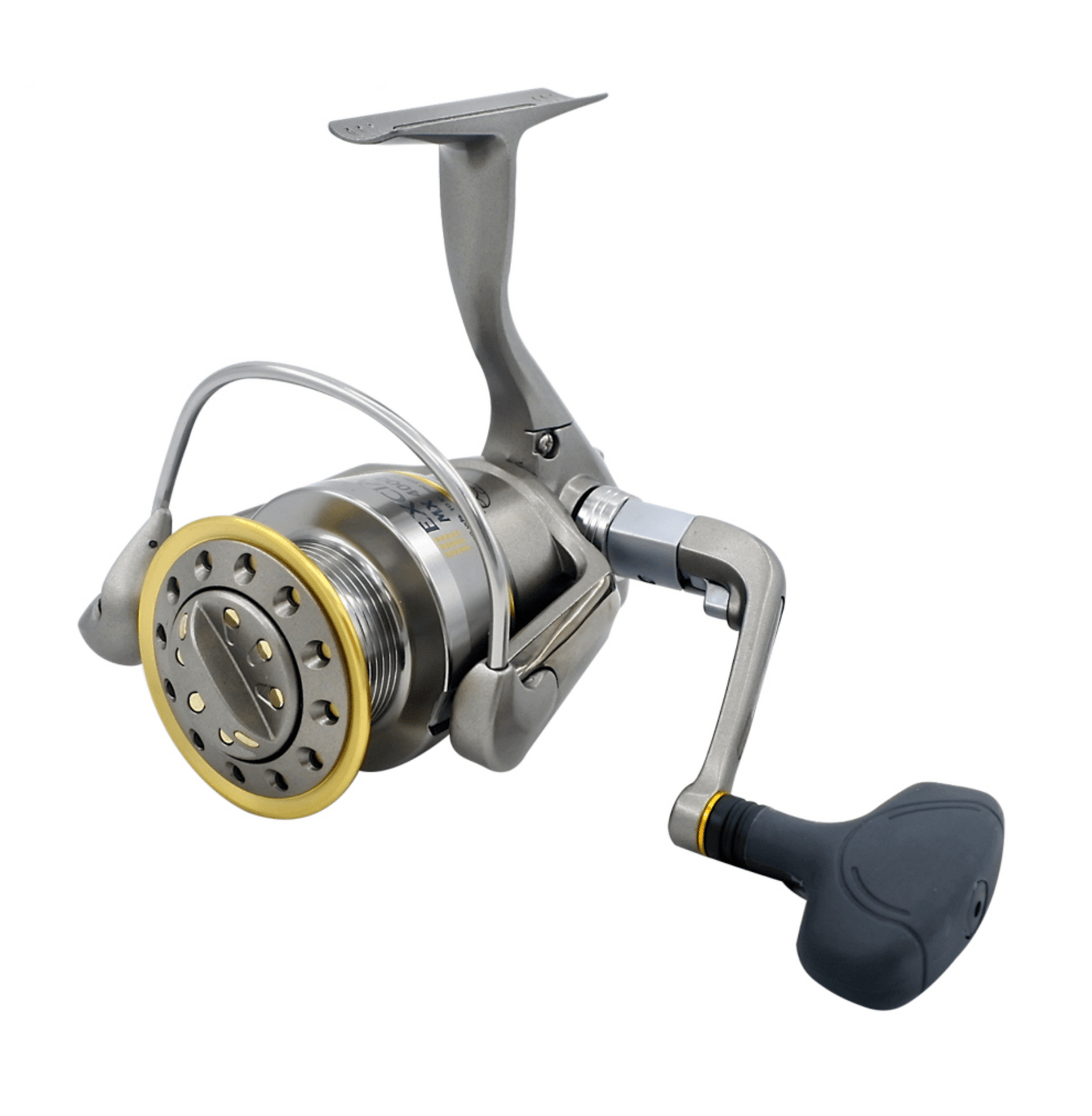 Spinning reel angled view with silver frame, yellow spool ring, and black handle grip