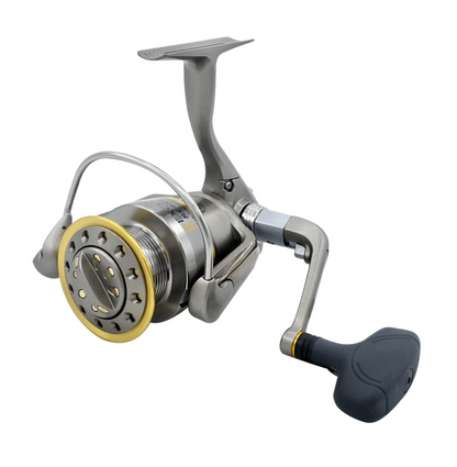 Spinning reel angled view with silver frame, yellow spool ring, and black handle grip