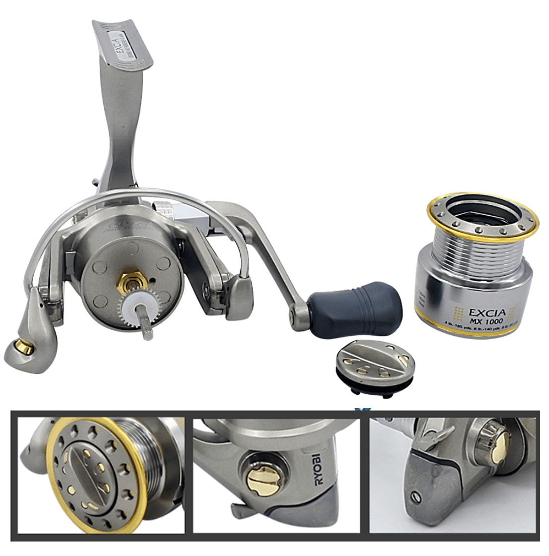 Ryobi EXCIA spinning reel showing handle, spool, and bail wire