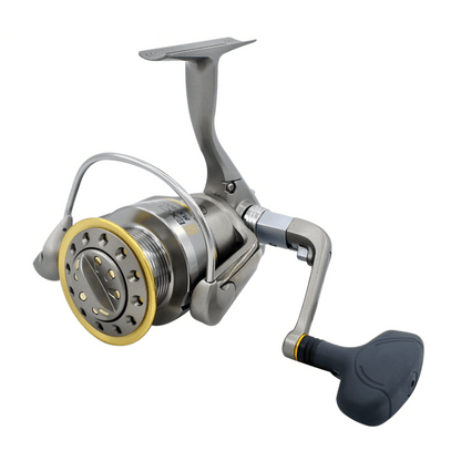 Ryobi EXCIA spinning reel with black handle and gold spool accents