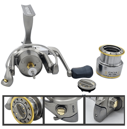 Spinning reel side view with dark handle, gold spool accents and spare spool shown