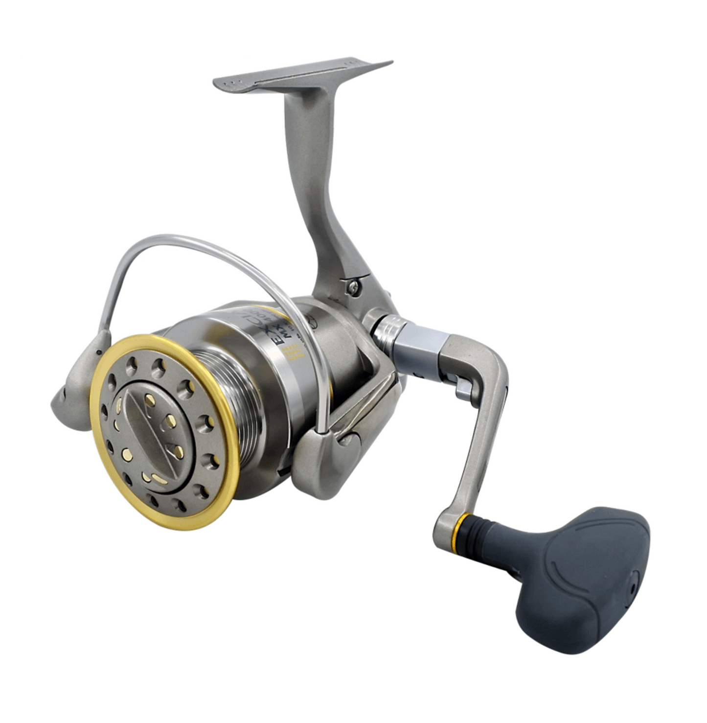 Spinning fishing reel with silver aluminum body, gold spool and dark handle grip
