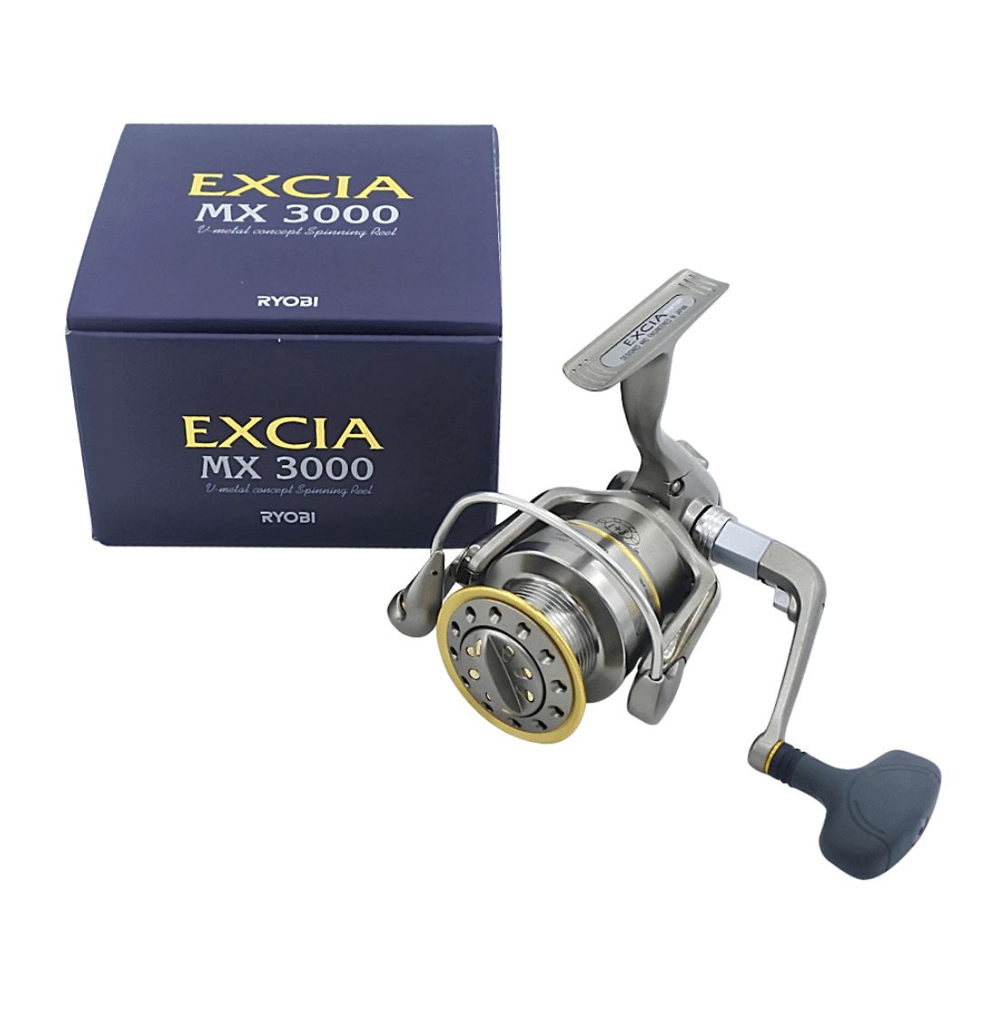 Ryobi EXCIA MX 3000 spinning reel with blue box and gold-trimmed spool
