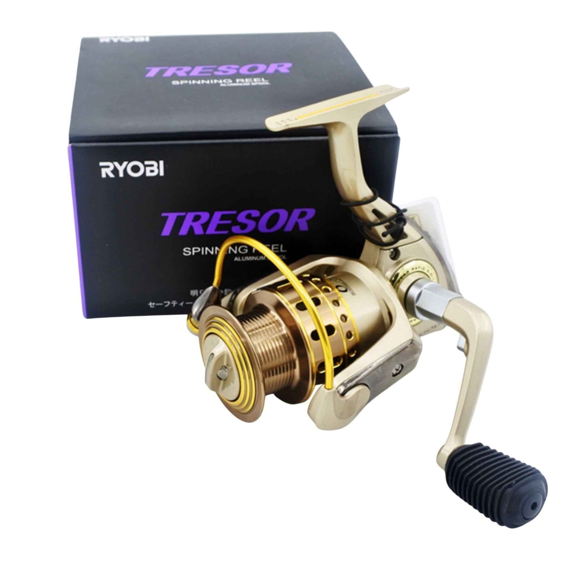 Ryobi Tresor spinning reel with gold spool, beige frame, in retail box