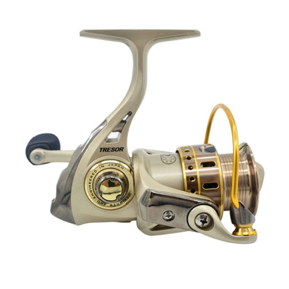 Spinning reel with beige handle and gold spool, foldable crank and star drag