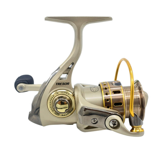 Spinning fishing reel with beige composite body, gold spool, and star drag lever