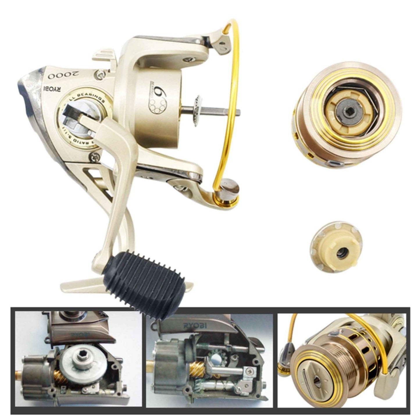 Spinning reel detail with gold spool, side plate and black handle grip