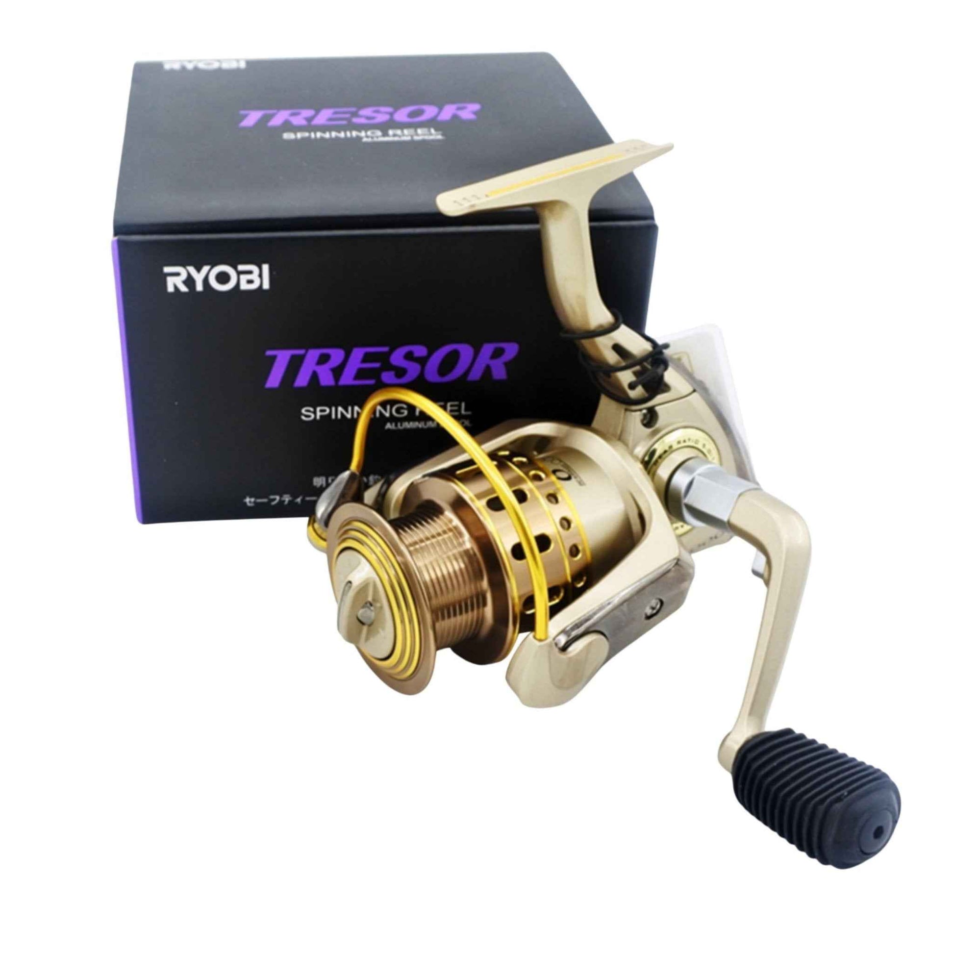 Ryobi spinning reel, beige body with gold spool and black handle grip