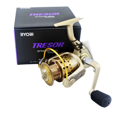Ryobi spinning reel, beige body with gold spool and black handle grip