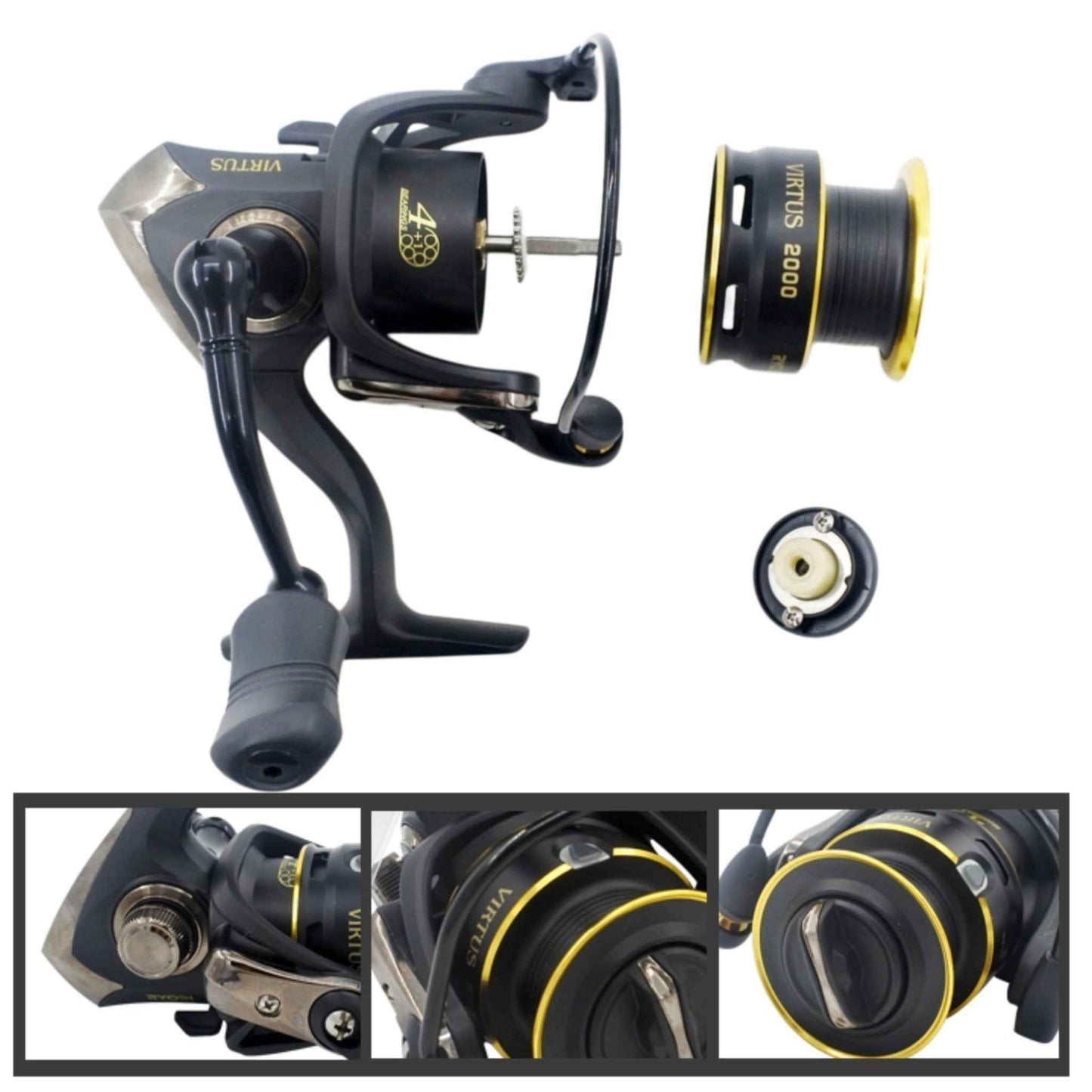 Spinning reel close-up with spare spool, black housing and gold accents