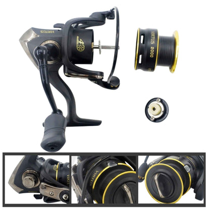 Spinning reel close-up with spare spool, black housing and gold accents