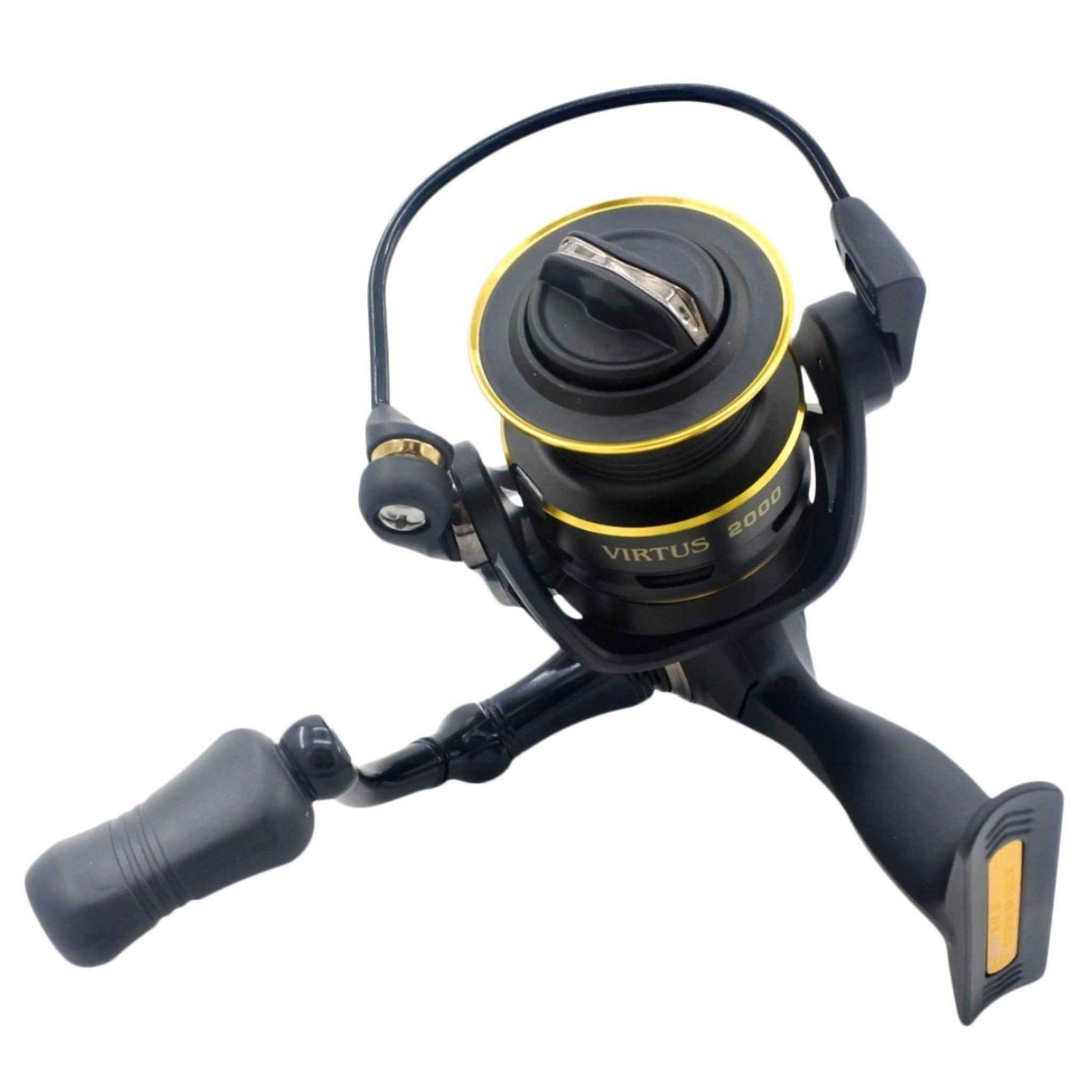 Spinning reel with black body, gold-trimmed spool and curved bail, ergonomic handle