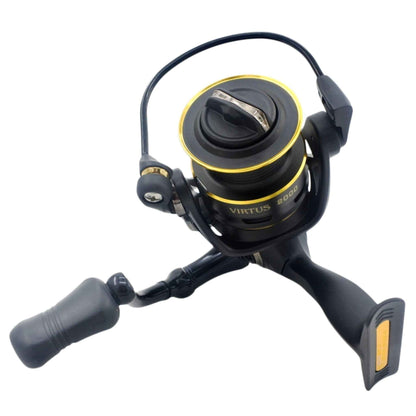 Spinning reel with black body, gold-trimmed spool and curved bail, ergonomic handle