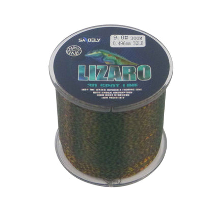Round camo green monofilament fishing line spool, top label shows 9.0# and 300m