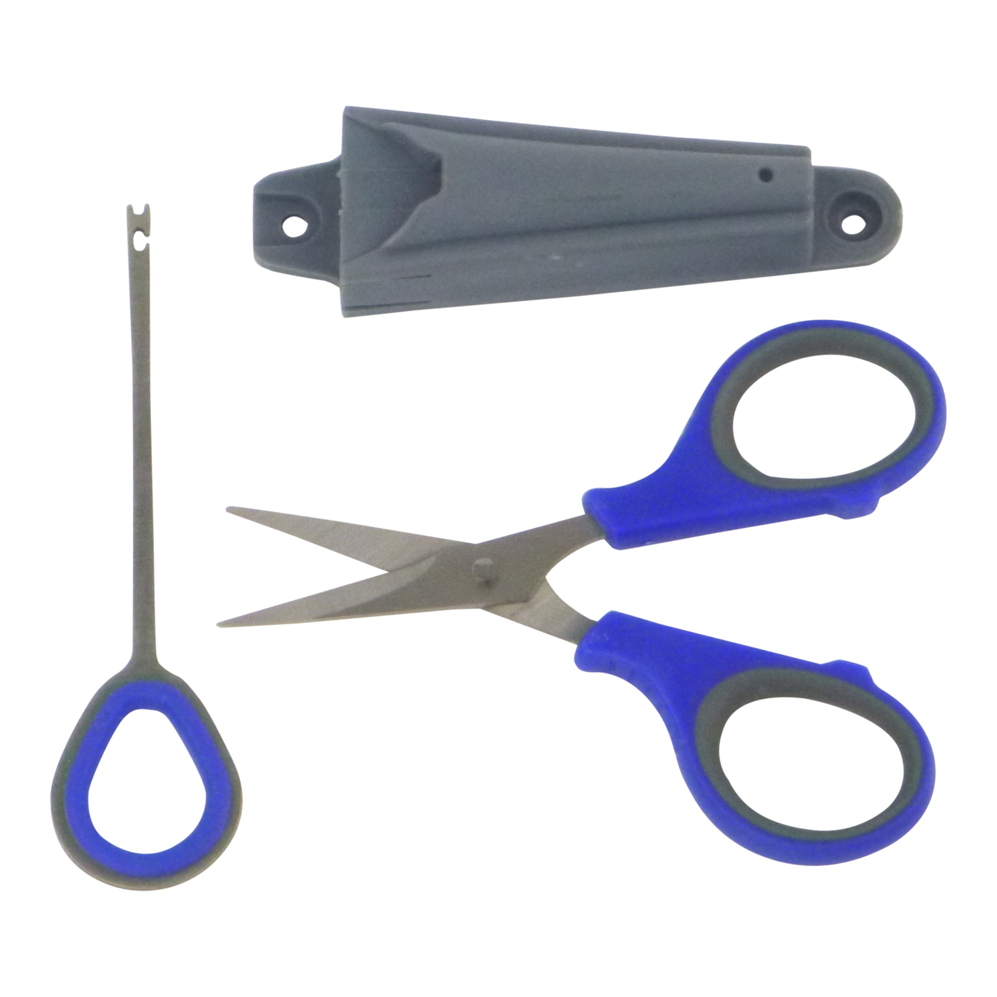 Fishing hook remover scissors set with blue grips and gray stainless holster