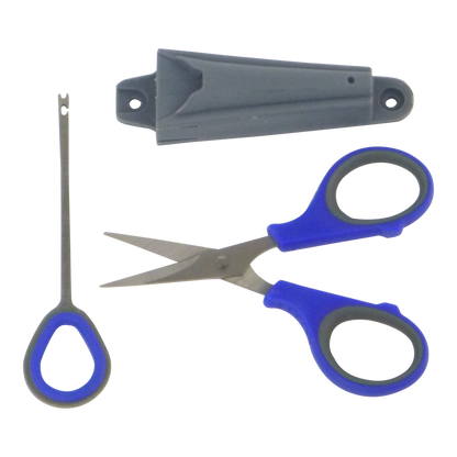 Fishing hook remover scissors set with blue grips and gray stainless holster