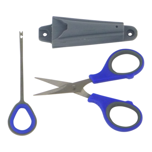 Fishing hook remover scissors set with blue grips and gray stainless holster