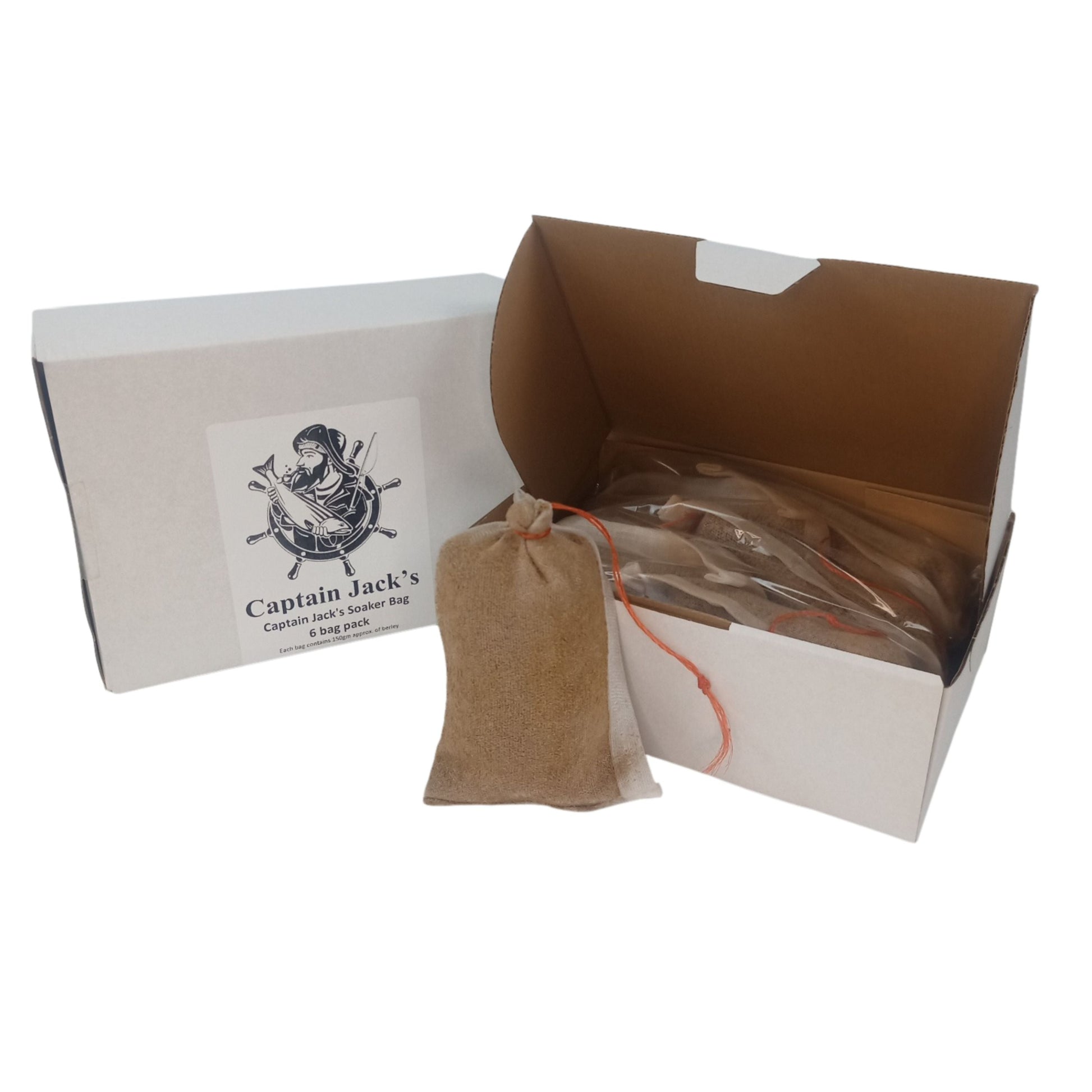 Pack of berley soaker bags in box, shown with one kraft drawstring pouch