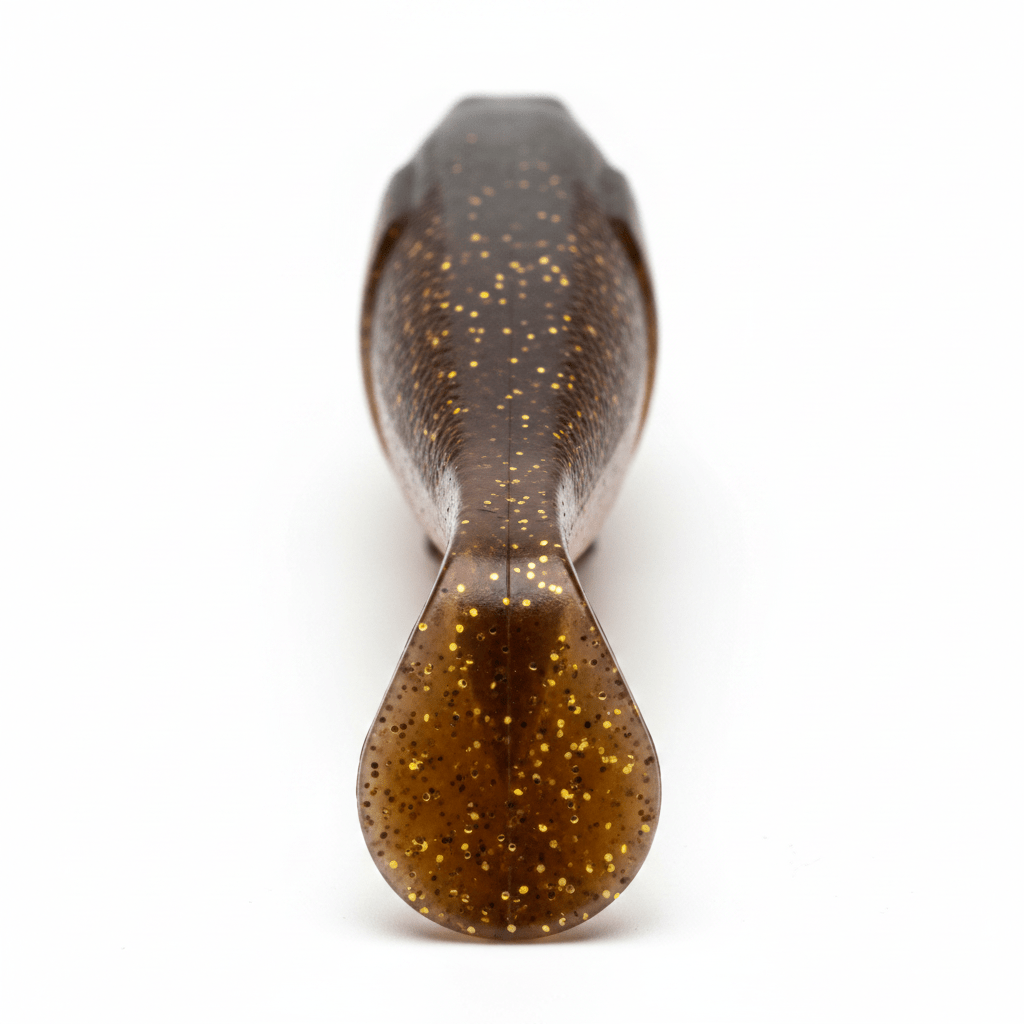 Soft plastic paddle-tail fishing lure with split tail, brown with gold speckles