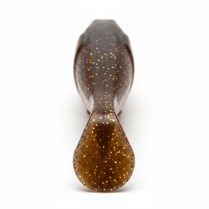 Soft plastic paddle-tail fishing lure with split tail, brown with gold speckles
