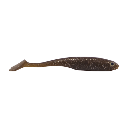 Soft plastic paddle-tail fishing lure in dark brown speckled finish