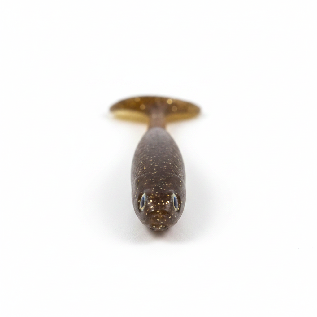 Brown speckled soft plastic paddle tail lure with grub-style body