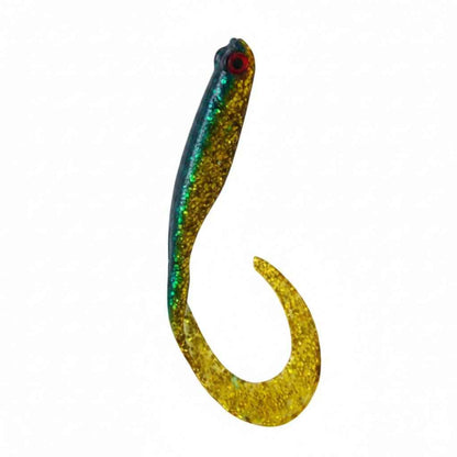 Gold glitter soft plastic fishing lure with blue-green sides and red eye, curved