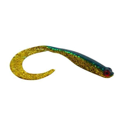 Gold glitter soft plastic fishing lure with blue-green sides and red eye