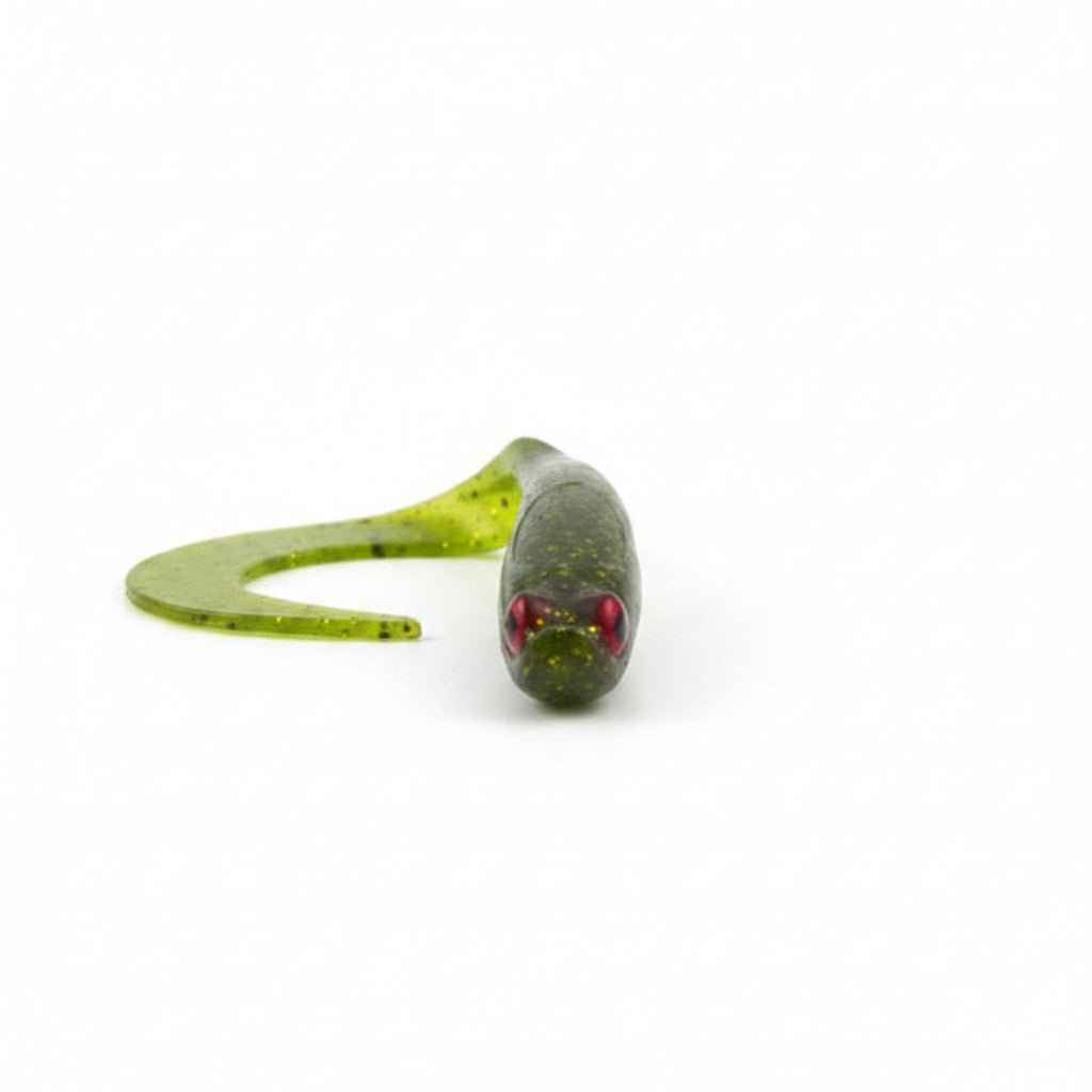 V-tail soft plastic fishing lure, green glitter head with red eye and short tail