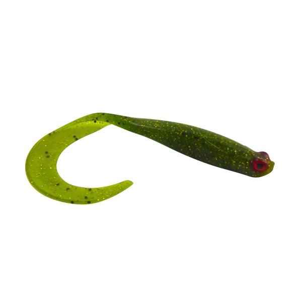V-tail soft plastic fishing lure, green glitter with red eye and forked tail