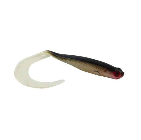 Soft plastic lure, olive body, red eye, white V-tail