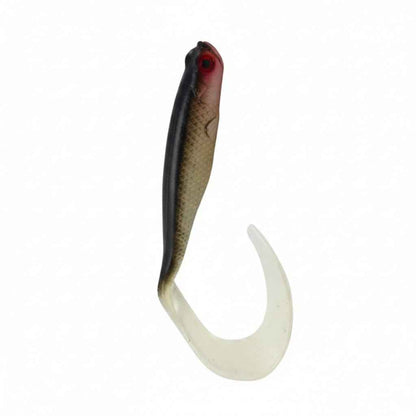 Soft plastic lure, dark back, tan body, red eye, white curled V-tail