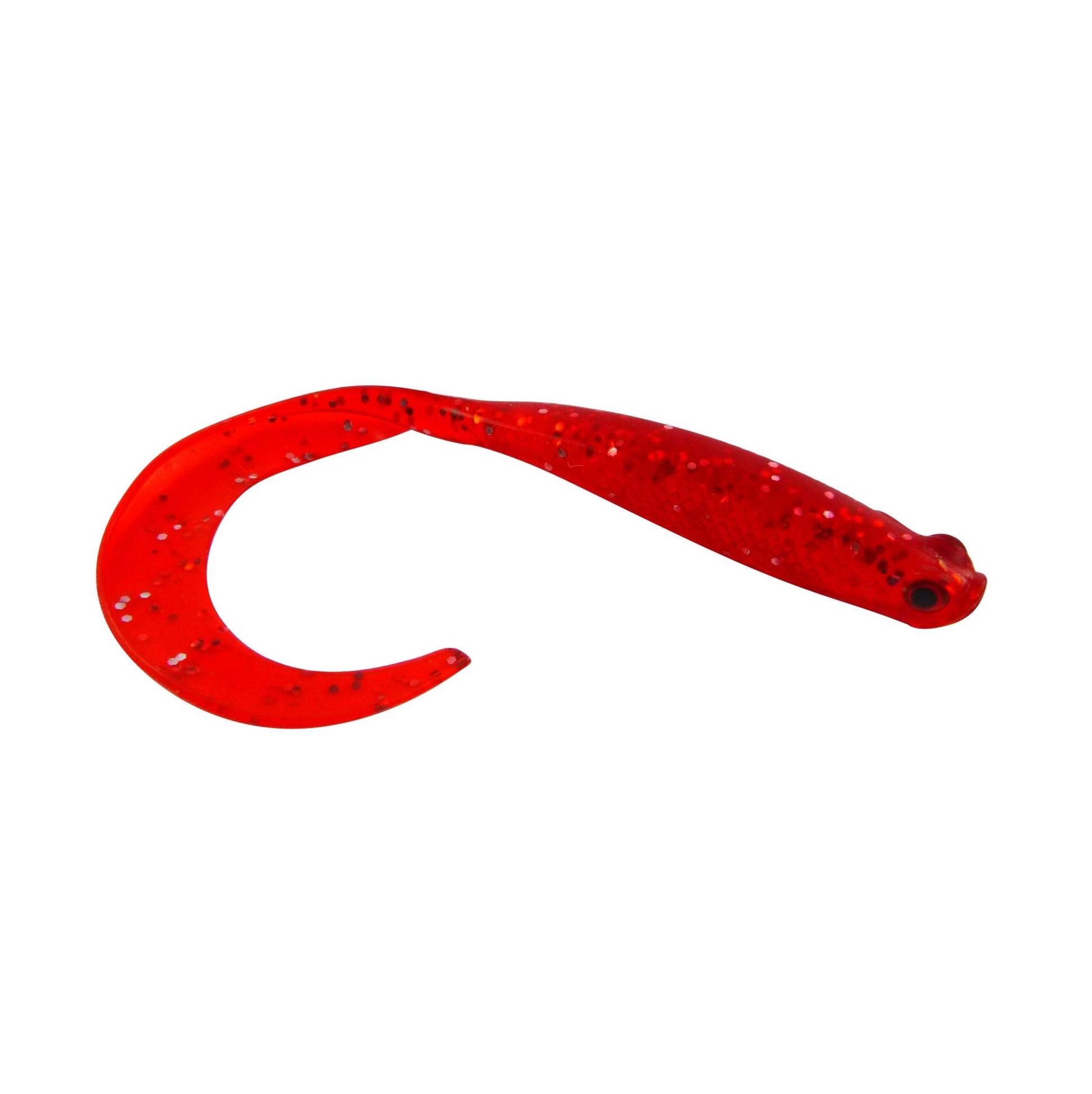 Soft plastic V-tail fishing lure, red with glitter, 100mm body