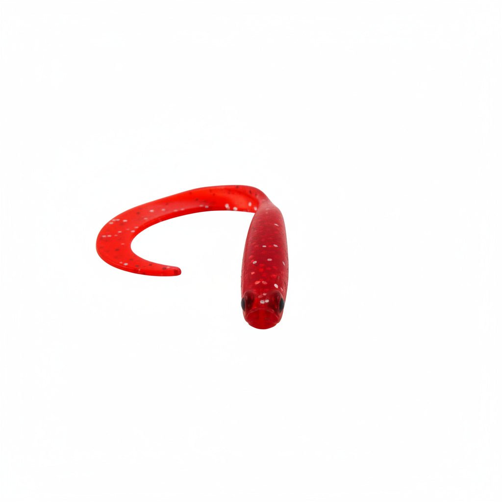 Soft plastic V-tail fishing lure, red glitter close-up head and curled tail
