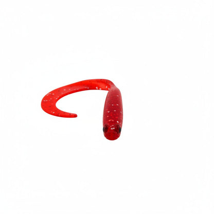 Soft plastic V-tail fishing lure, red glitter close-up head and curled tail