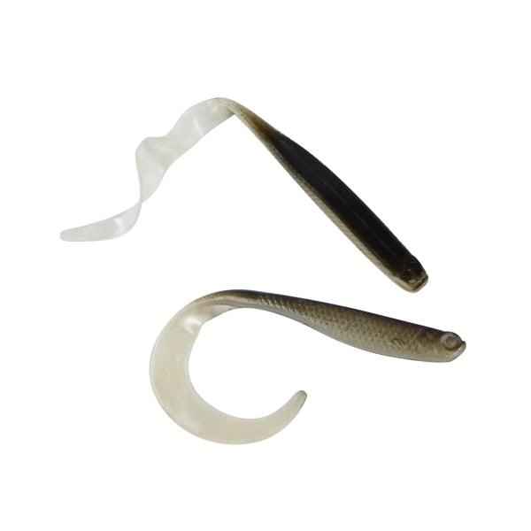 V-tail soft plastic fishing lure, dark and olive-green body with translucent tail
