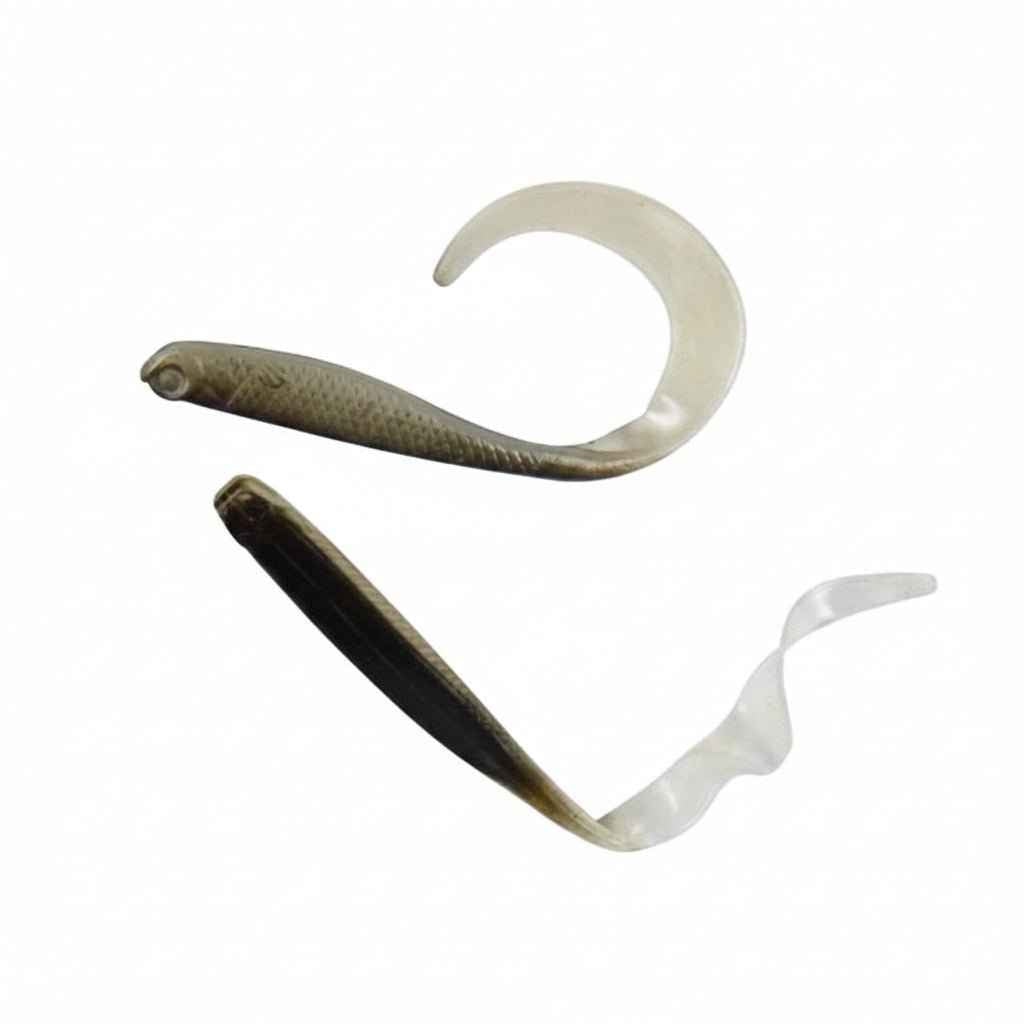 Soft plastic V-tail fishing lures, olive and dark bodies with translucent tails